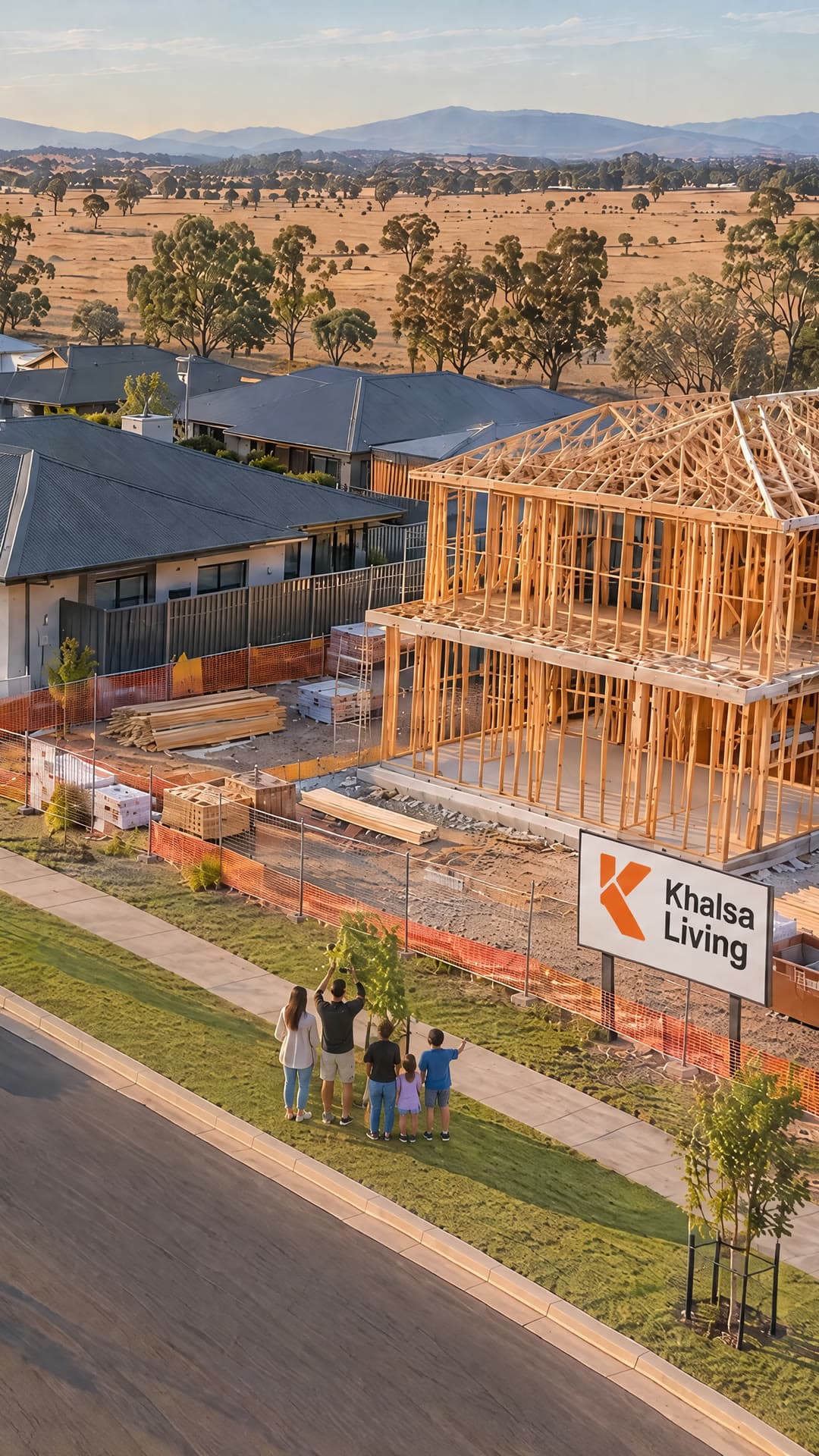 Aerial view of a new Australian suburban estate, with a Khalsa Living home under construction and a family watching from the kerb.